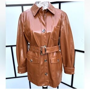 Topshop Women Casey Brown Belted Glossy High Impact Button Front Vegan Jacket